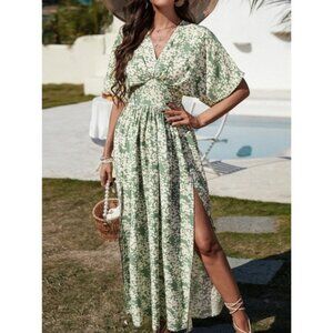 Green Floral Batwing Sleeve M Slit Skirt Maxi Dress